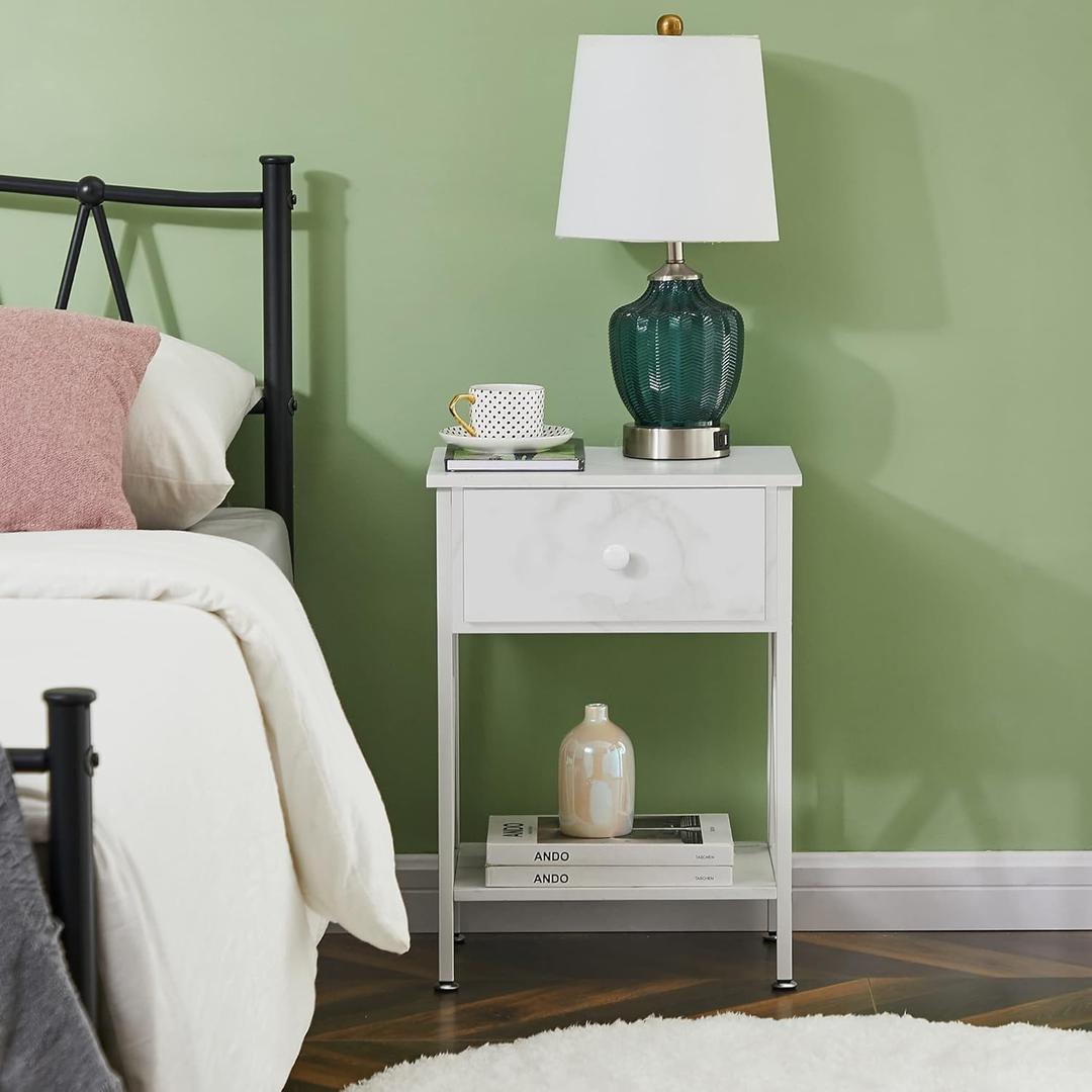 VECELO Nightstands Set of 1, Modern Bedside End Tables, Night Stands with Drawer and Storage Shelf for Living Room Bedroom, Industrial Metal Frame (White)