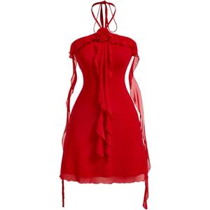 SOLY HUX Women's Summer Dresses Halter Bodycon Irregular Ruffle Trim 3D Flower Cami Mini Party Club Dress (Plain Red)