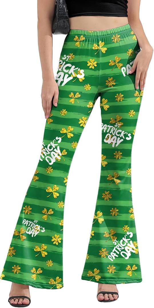 St Patricks Day Bell Bottoms Leggings for Womens, High Waisted Printed Flare Legging Plus Size Bell Bottoms Green Pants, L
