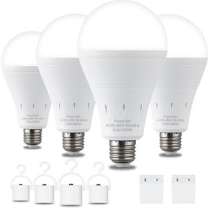 4 Pack Rechargeable Emergency Light Bulbs, Battery Powered LED Light Bulb 6000K Daylight E26 120 Volt 9W 60W Equivalent with 1200mAh for Home Power Outage Camping Hurricane