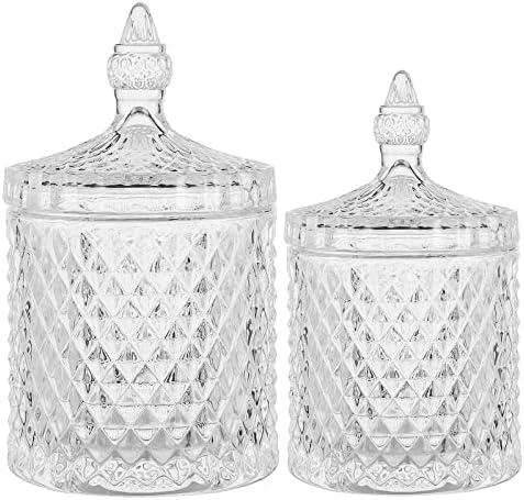 rejomiik Qtip Holder Glass Apothecary Jars with Lid Bathroom Accessories Vanity Organizers and Makeup Storage for Cotton Swabs, Balls, Pads, Floss Picks, Candy, 1 Pack, Large Clear