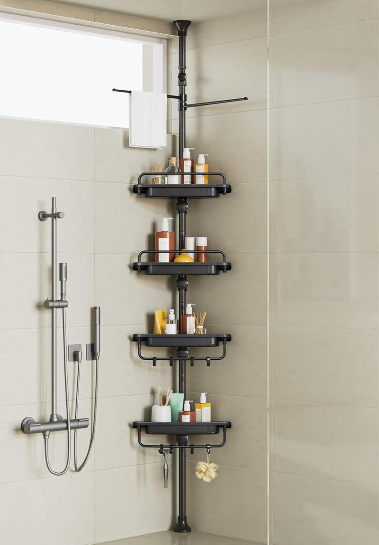 32-122inch Corner Shower Caddy Tension Pole Black, Rustproof Drill-Free Shower Shelves for Bathroom Bathtub Washbasin, Adjustable Shower Organizer with 4 Tier Patent Stable Shelves & Towel Bars
