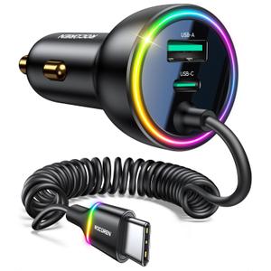 Rocoren 70W Car Charger for iPhone 16/15 Pro Max, USB C Car Charger Fast Charging with 5.2Ft Type C Coiled Cable, Super Fast USBC Phone Cigarette Lighter Adapter for iPhone 16e, iPad, Samsung,Android