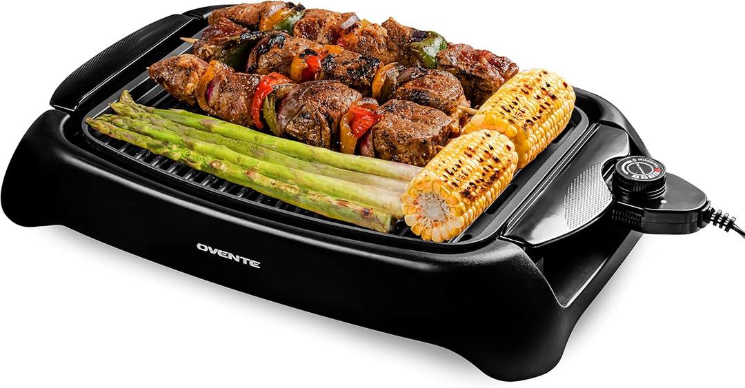 OVENTE Electric Indoor Grill with 13x10 Inch Non-Stick Cooking Surface, 1000W Fast Heat Up Power, Adjustable Temperature, Removable and Dishwasher Safe Grilling Plate and Drip Tray, Black GD1632NLB