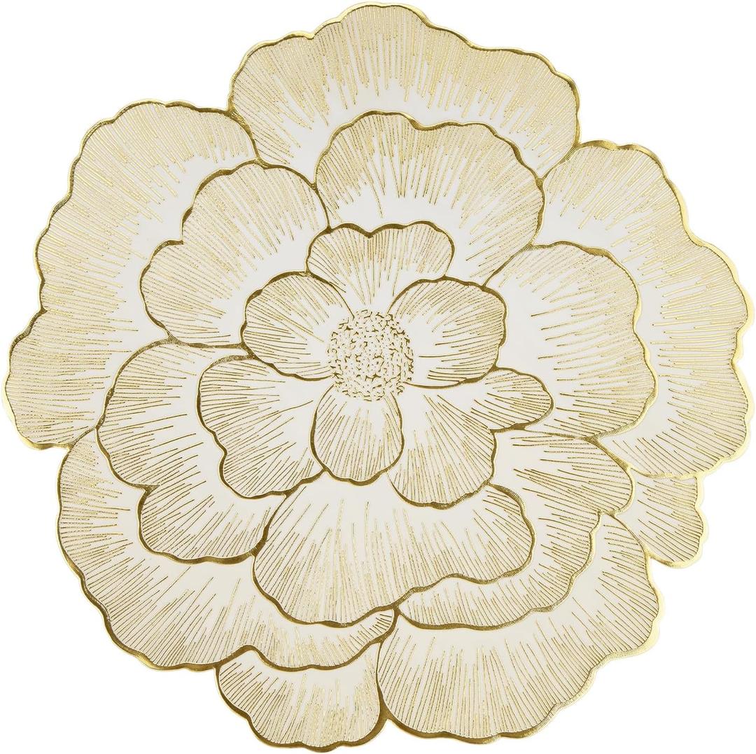 Floral Round Placemats Set of 6 Gold Vinyl Table Mats Heat Resistant Non Slip Place Mats for Dinning Table Setting Christmas Wedding Thanksgiving Party Decoration
