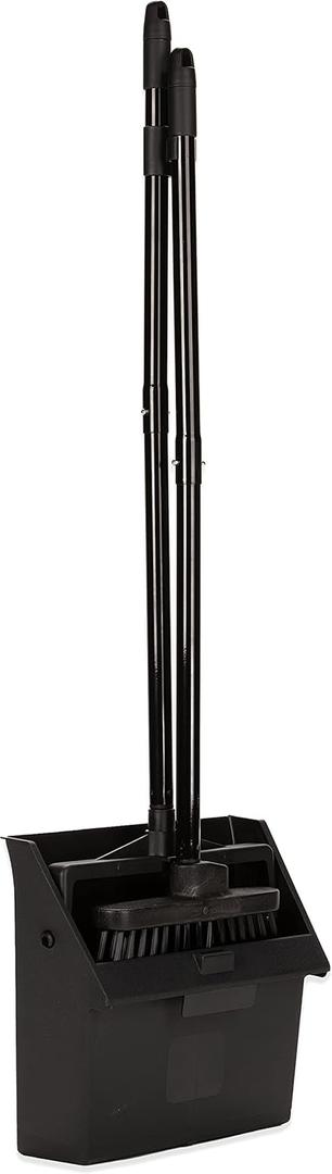Carlisle FoodService Products Duo-Pan Lobby Broom and Dustpan Set  36" Upright Broom with 2-Piece Handle and Pivoting Pan  Compact Commercial Floor Tool for Tight Spaces, Black