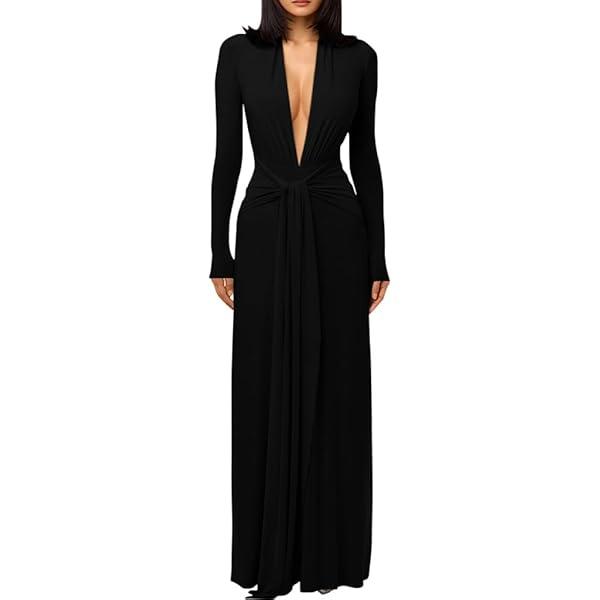 DAAWENXI Women's Sexy Deep V Neck Maxi Dress Long Sleeve Tie Wedding Guest Cocktail Evening Dresses, XL