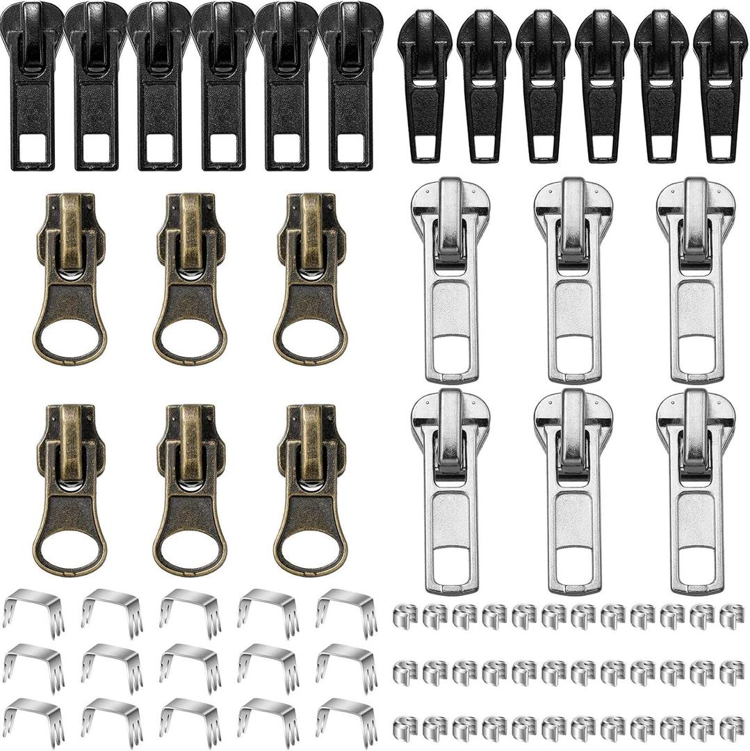 WILLBOND 69 Pcs Zipper Repair Kit #5#7, Zipper Pull Replacements Black Bronze Silver Sliders for Repairing Coats, Jackets, Bags, Backpack, Luggage