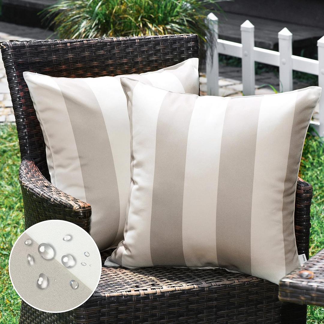 Western Home Pack of 2 Outdoor Waterproof Striped Throw Pillow Covers Beige Grey Decorative Pillowcases Garden Modern Cushion Cases for Patio Tent Balcony Couch Sofa 18x18 Inch (Sand and White)