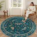 6ft Washable Round Rug - Bug Rugs for Living Room Non-Slip Low Pile Soft Ultra-Thin Machine Washable Circle Carpet for Bedroom, Entryway, Nursery, Kitchen, Home Office (6' Round Teal)