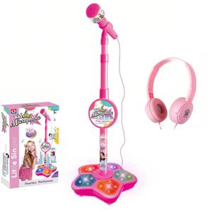 Kids Karaoke Microphone with Adjustable Stand,Standing Mic for Portable Singing, Retractable Headset for Music Sing-along,Flashing Stage Light Base for Aged 3-6 Boys Girls Pink