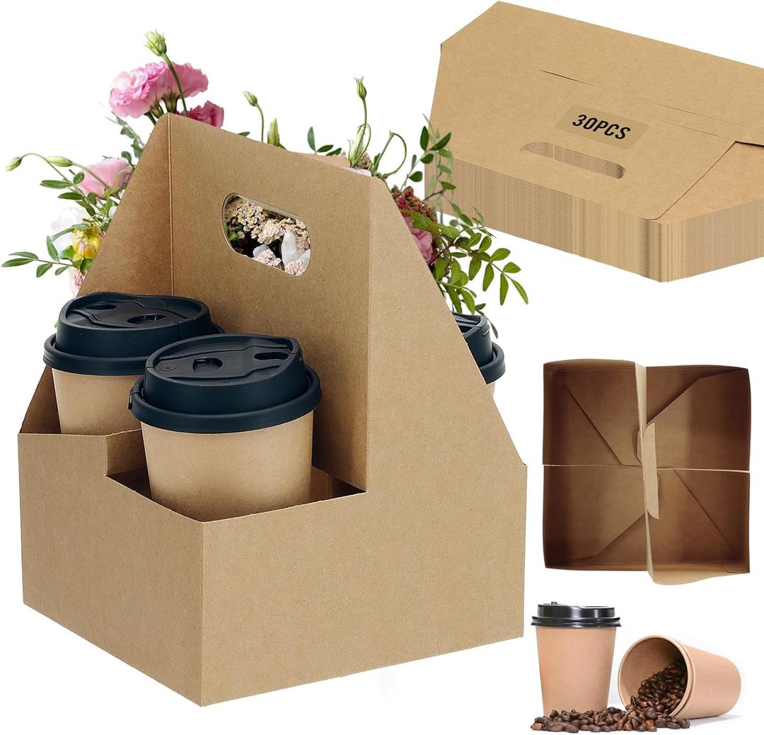 4 Cup Drink Coffee Carrier with Handle, 30Pcs Paper Cup Holders Drink Holders Cardboard Disposable Beverage Tray Foldable Kraft to Go 12oz-32oz for Food Delivery Takeout Hot Cold Drinks