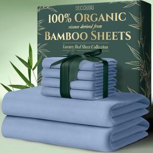 DECOLURE 100% Organic Viscose Derived from Bamboo Sheets Queen Size 6pcs - Ultra Soft & Luxuriously Cooling, 17" Deep Pocket, Double Stitching, Perfect for Hot Sleepers - Queen Bed Sheets (Light Blue)