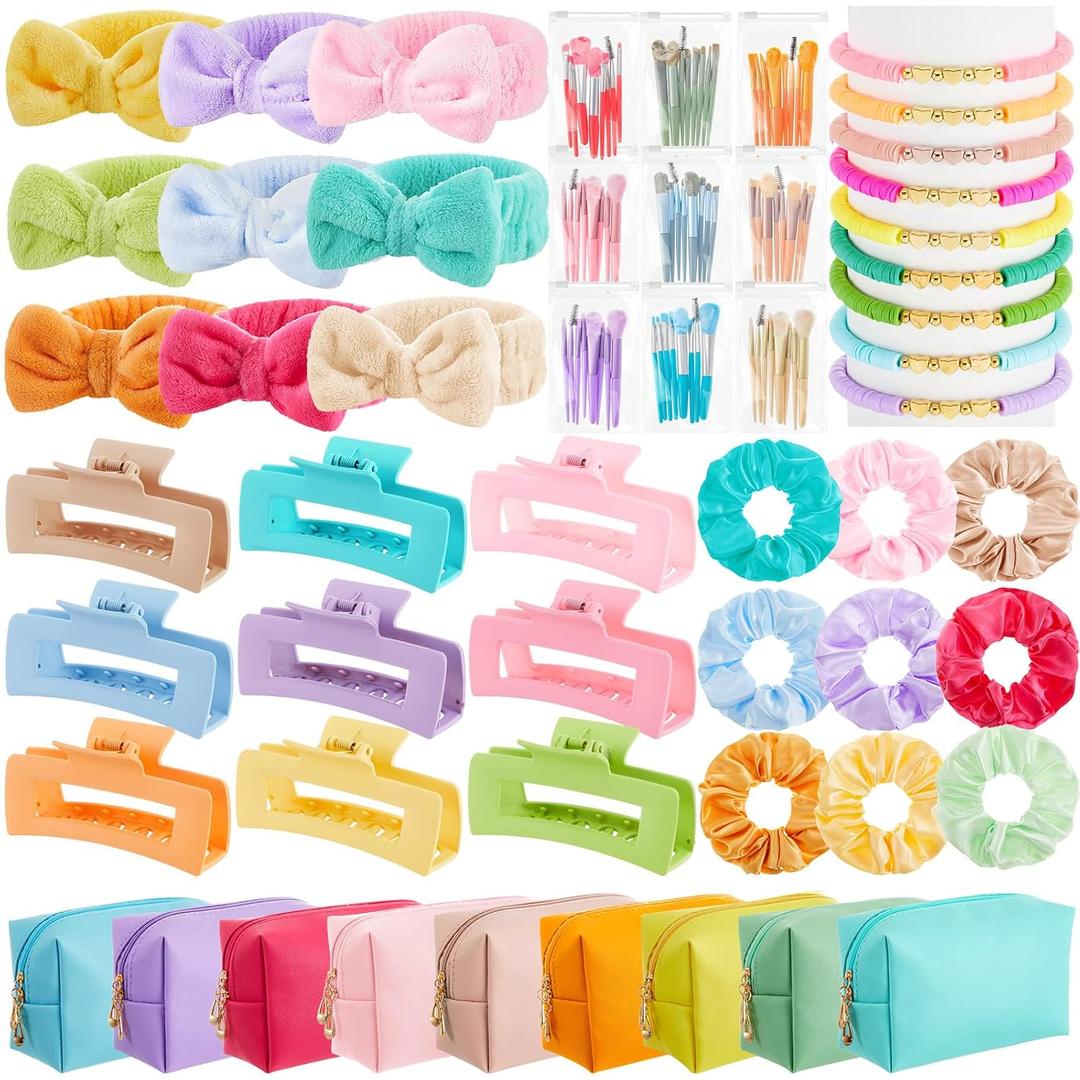 Zeyune 54 Pcs Teen Girls Party Favors Gifts Sets Bulk for Tween Teens Women Preppy Trendy Stuff Birthday Gift Sleepover Party Supplies Makeup Bag Scrunchies Headbands Bracelet Hair Pin(Classic Color)