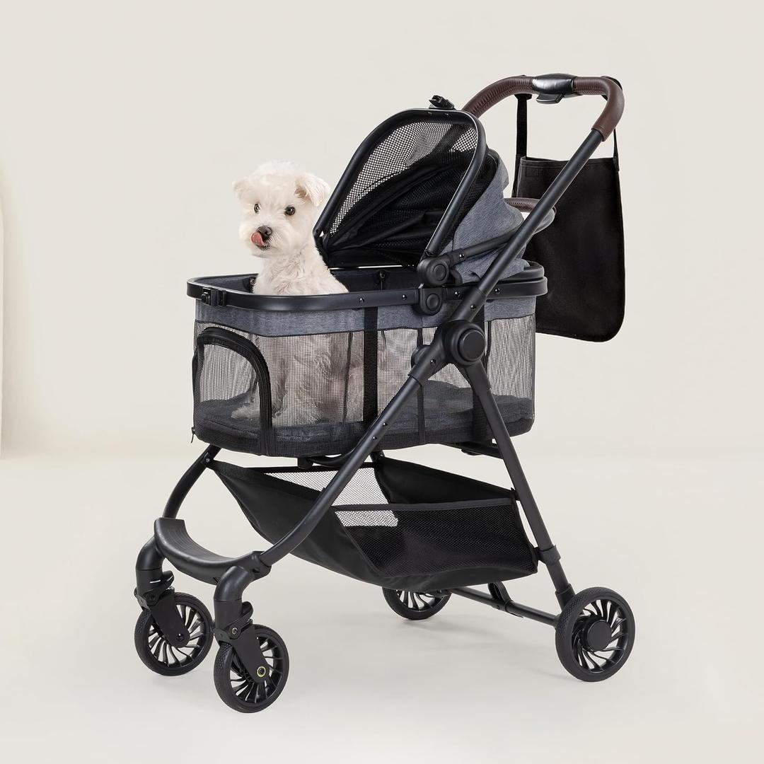3 in 1 Pet Carrier Stroller with Detachable Carrier, Foldable Dog & Cat Stroller for Small/Medium Dogs up to 33 lbs, Large Storage Bag, Full Window Mesh, One-Touch Dual Brake, Car Seat