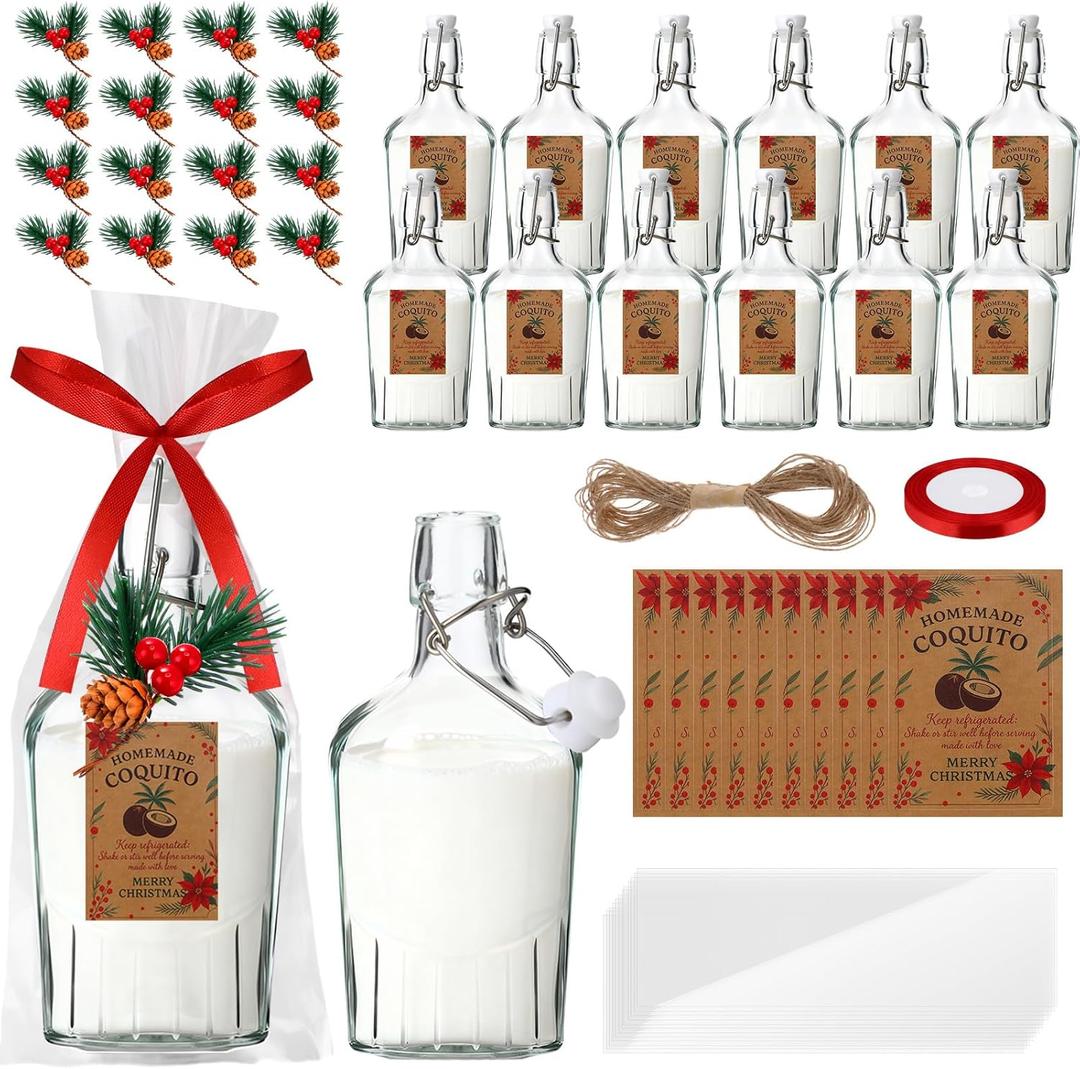 Ferrochef 12 Set Christmas Swing Top Glass Bottles 8.5 oz Flip Top Brewing Bottles with Airtight Cap Lids Pine Needles Homemade Liqueur DIY Wedding Party Favor(Coquito)
