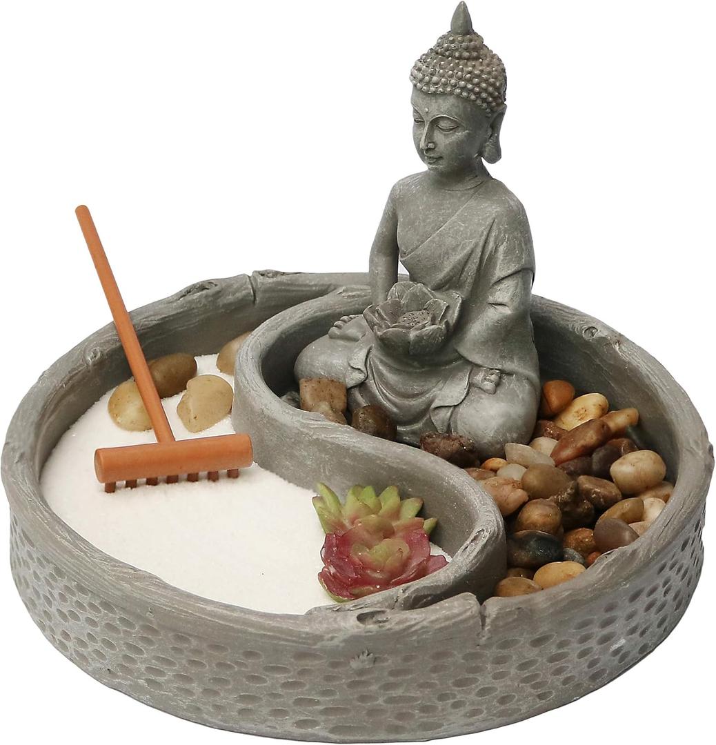 Nature's Mark Mini Zen Garden Kit for Desk with Lotus, Buddha Figures, Rake and Natural Sand River Rocks Table/Desk Dcor Gift Set for Home and Office 6 x 6 Inches Round Base