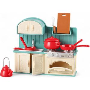 Family Dollhouse Kitchen Set  Miniature Stove, Sink & Oven with Frying Pan, Saucepan, Kettle, Utensils & Cutting Board  Dollhouse Furniture & Accessories for Ages 3+