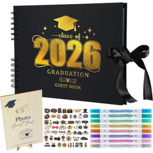 Graduation Guest Book Scrapbook Set 2026 - Black Gold 80 Pages Signature Photo Album with 8 Dual-Tip Markers, Stickers, Memory Book Sign for Class of 2026 High School College Grad Party Favors Gifts