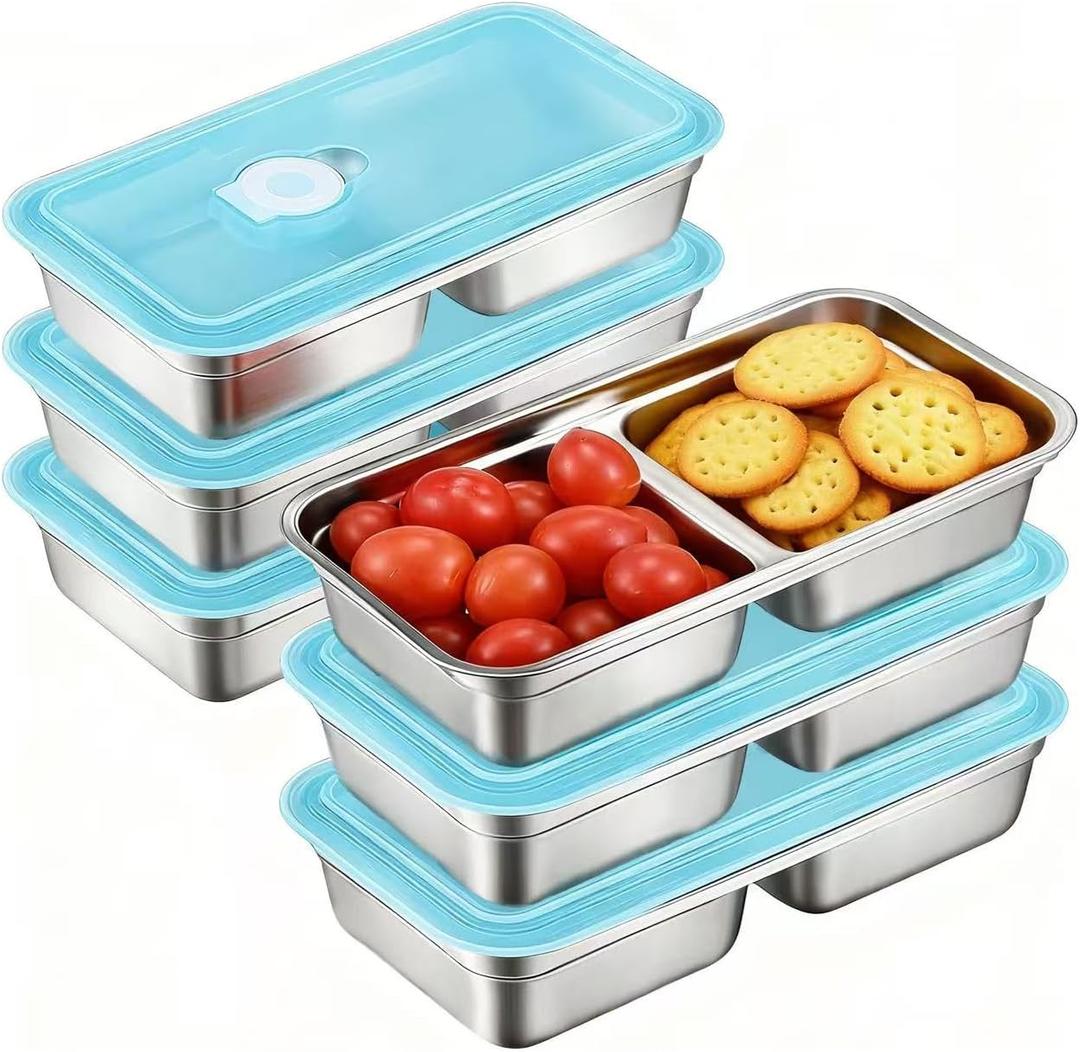 6-Pack Stainless Steel Snack Containers with Lids, Reusable Grab and Go Containers, Dual Compartment Bento Box for Meal Prep, Travel, Work, Camping and Daily Use, Leak-Proof, Dishwasher-Safe (2 grid(6pack))