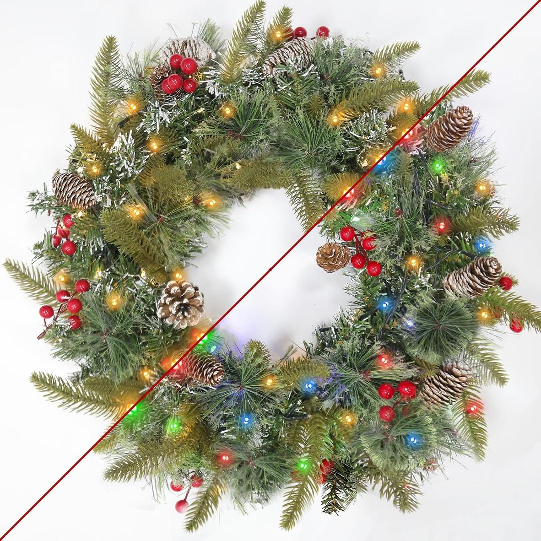Christmas Wreaths for Front Door, 20'' Pre-Lit Christmas Door Wreath Timer 8 Modes 30 Warm White & Multicolored Dual Color Lights 12 Snowy Pinecones 12 Red Berries for Xmas Indoor Outdoor Home Decor