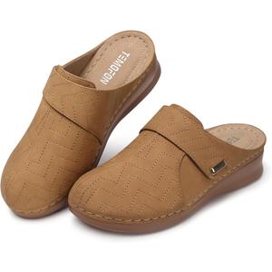 TEMOFON Mules for Women Slip on Sandals: Comfortable Clogs with Arch Support Leather Flats Closed Toe Sandals Shoes (9, Brown)