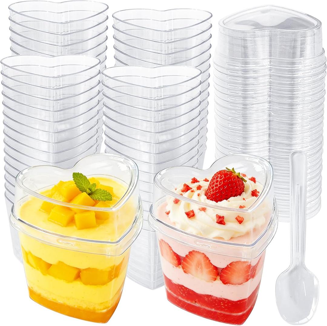 60 Pack Heart Shaped Dessert Cups with Lids and Spoons,5 oz Mini Plastic Dessert Shooter Cups,Clear Plastic Appetizer Cups for Valentine's Day,Party Appetizers,Ice Cream,Mousse,Pudding and Fruit