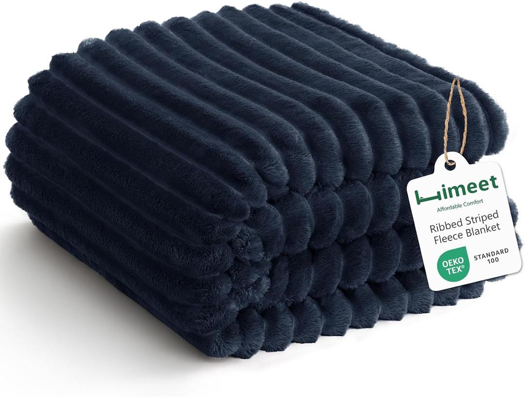 HIMEET Navy Blue Ribbed Twin Blanket for Bed - 300GSM Lightweight Soft Fleece Blanket for Men Women, Blankets Graduation Birthday Gifts, Striped Spring Home School Dorm Decor, Navy Blue, 60x80 Inches