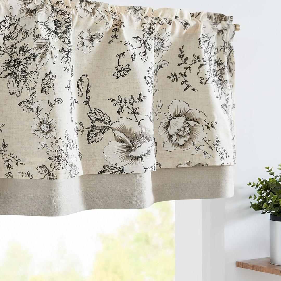 jinchan Linen Valance Curtain Farmhouse Black Floral Small Window Curtain Double Layer Light Filtering Fall Valance for Kitchen Rustic Biege for Living Room Bedroom 18 Inch Rod Pocket One Panel