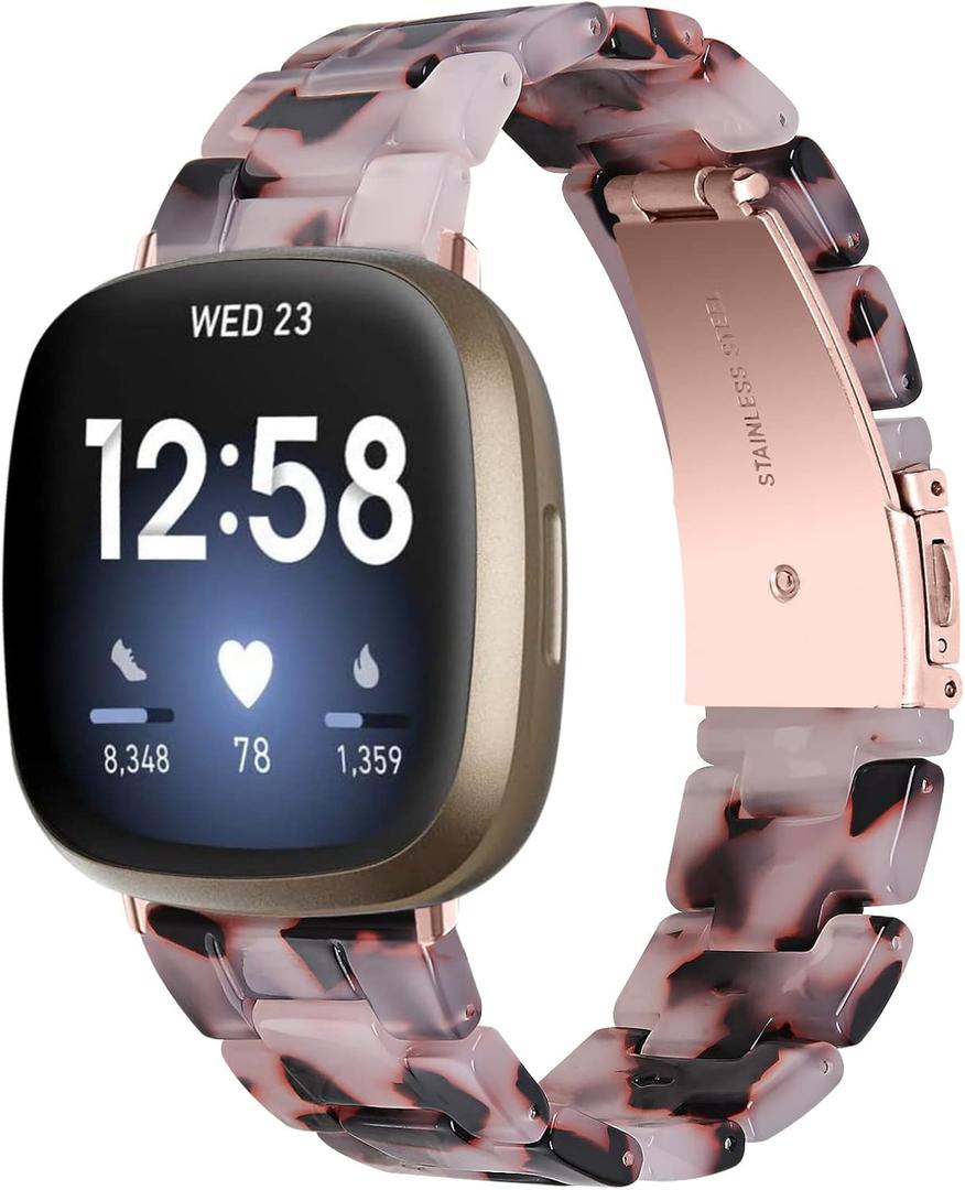 Resin Watch Band Compatible with Fitbit Versa 4/Sense 2/Versa 3/Sense 1, Lightweight Adjustable Fashion Bracelet Wristband Replacement for Women Men with Stainless Metal Buckle (Tortoise Stone Flower)