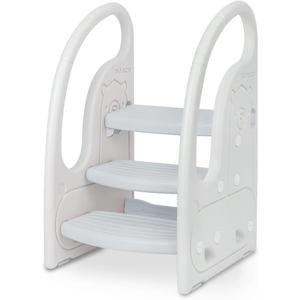 Toddler 3 Step Stool Onasti Kids Standing Tower for Toddlers Plastic Learning Helper Stool for Kitchen Counter Bathroom Sink Toilet Potty Training with Handles and Non-Slip Pads-Grey White (Gray)