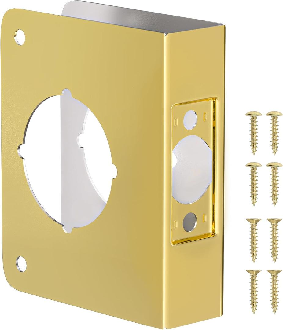 Single Hole Door Knob Reinforcement Plate, Polished Gold, Fits 1-3/8" Doors, 2-3/8" Backset, Door Lock and Door Knob Cover Plate, Deadbolt Cover Plate Reinforce and Repair Wood or Metal Doors