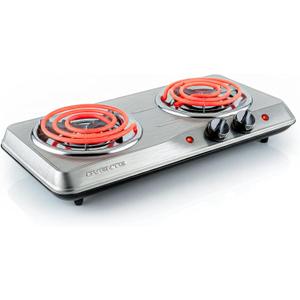 OVENTE Electric Countertop Double Burner, 1700W Cooktop with 6" and 5.75" Stainless Steel Coil Hot Plates, 5 Level Temperature Control, Indicator Lights and Easy to Clean Cooking Stove, Silver BGC102S