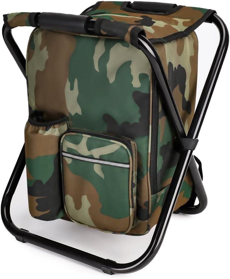 Large Size Portable Hiking Camouflage Camping Stool, 3 in1 Multifunction Fishing Backpack Chair, Folding Camping Chair Stool with Cooler Insulated Picnic Bag