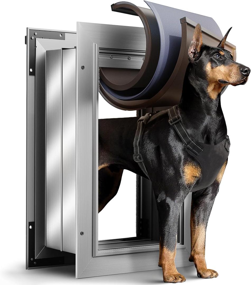 3-Flaps Insulated Dog Door for Wall, Rust Proof Aluminum Alloy Large Doggy Door, Heavy Duty Pet Door with Dual Lock, Extreme Weather Doggie Door for Interior Exterior Wall, Pets Up to 110LB