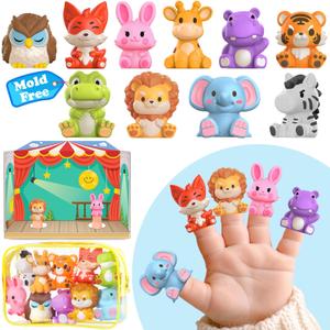Oriate Zoo Animals Finger Puppets, 10PCS Infant Jungle Animals Finger Bath Pool Toys, Puppet Theater Storage Bags incl, 12m+ Toddler Travel Toys