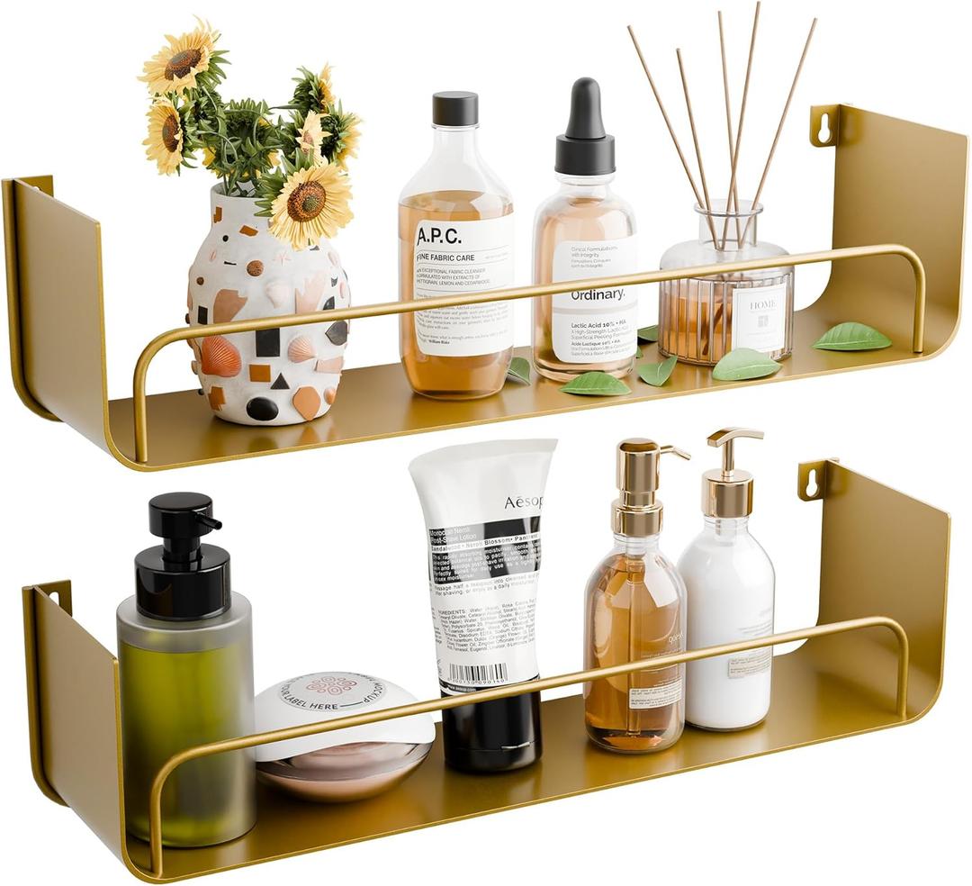 16 Inch Gold Floating Shelves Set of 2, Narrow Iron Bathroom Shelves with Guardrail, U-Shaped Wall Mounted Shelf for Home Decor & Organizer, Display Shelf for Bathroom,Kitchen,Bedroom&Any Room