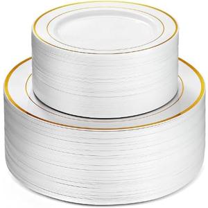 Neatiffy100 Pcs Gold Rim Plastic Dinnerware Set (50 Guest) | 50 x (Dinner Plate, Dessert Plate) | For Wedding, Luxurious Party, Special Event