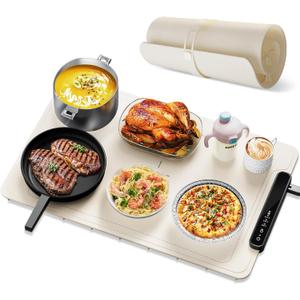 Electric Warming Tray - Foldable Food Warmer for Parties Features 3 Modes & Fast Heating, Premium Silicone Nano-Material, Hot Plate for Buffet, Family Gatherings, Sabbath, Holidays, Countertop - White