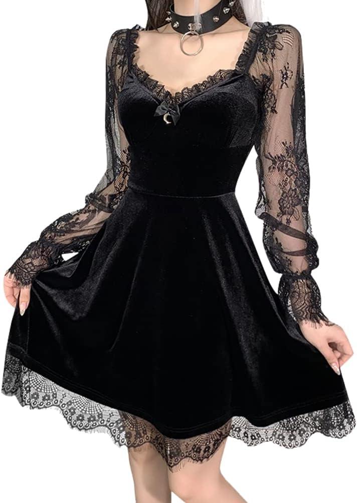 IKADEX Women Gothic Dress Vintage Lace Grunge Punk Goth Dresses Casual Cosplay Party Cocktail, Small