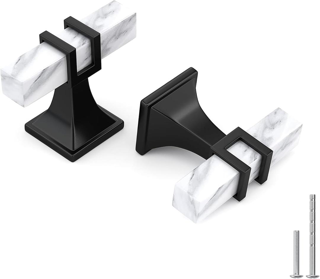 Haliwu 10 Pack White Marble Grain Cabinet Knobs, 2 Tone T-bar Black Kitchen Handles, Solid Square Dresser and Drawer Pulls