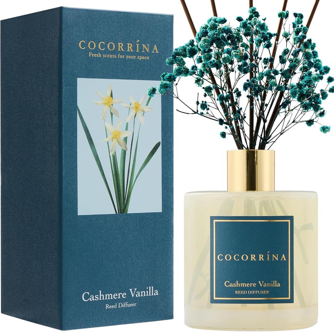 COCORRNA Reed Diffuser - Cashmere Vanilla 17 Fl.oz Reed Diffuser with 8 Sticks Scented Diffuser with Preserved Flowers for Bathroom Home Decor