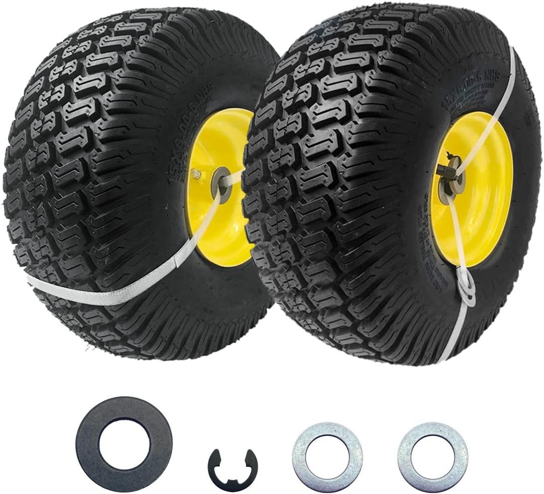 2-Pack of 15x6.00-6 NHS tire with Rim,Pneumatic wheel,3"offset Hub with 3/4"Bushing,4PR Lawn mower tires 15x6-6,for John Deere Riding Mowers 100 and D100 Series,Troy Bilt Lawn Mower Parts