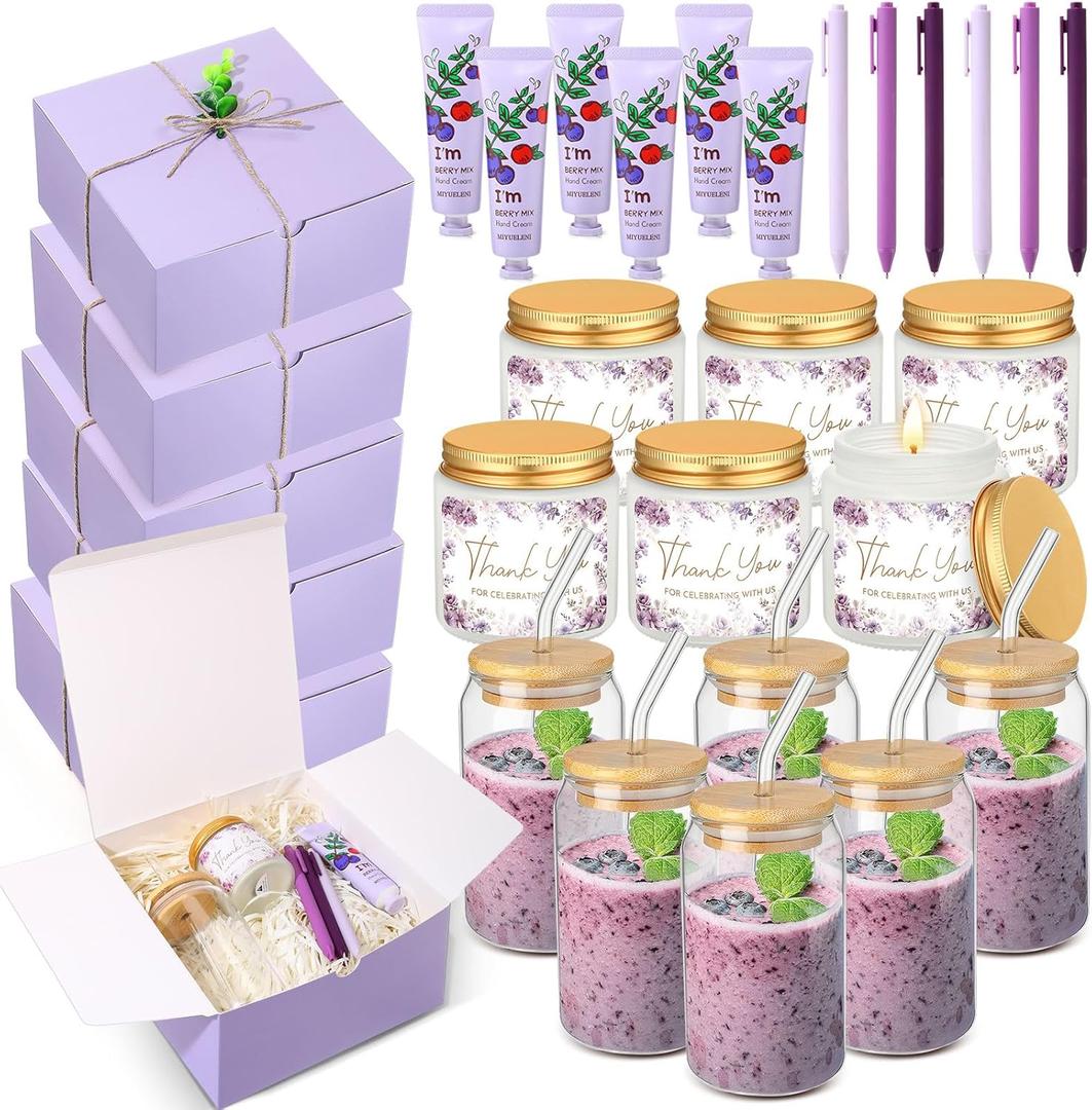 Reallnaive 6 Sets Baby Shower Prizes for Game Winners, Baby Shower Favors Including Glass Cup Scented Candles Hand Cream Pens Gift Box with Raffia for Gender Reveal Wedding Bridal Party Prizes (Purple)