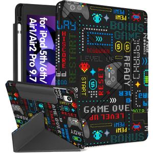 Miss Adola for iPad 6th/5th Generation 2018/2017 Case for iPad Air 2nd/1st Pro 9.7 Inch with Pencil Holder Cute Cool Cartoon Anime Kawaii Design Tablet Cover for Boys Girls Women, Game Handle