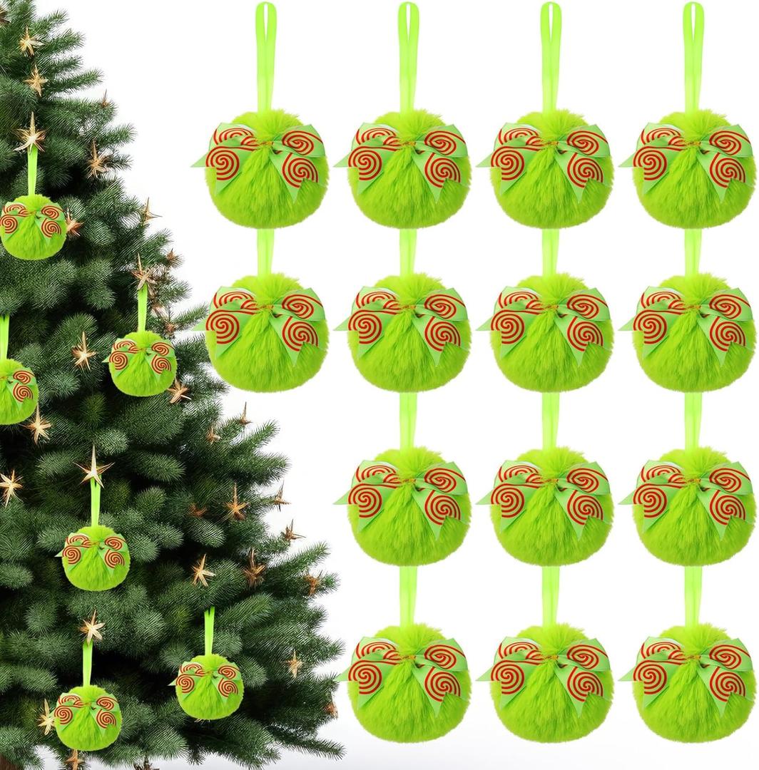 2 x Liliful 18 Pcs Lime Green Furry Christmas Ball Ornaments3.15 Inch Bow Xmas Furry Ornaments Hanging Christmas Pom Pom Ball Decorations for Home Xmas Tree Party Supplies Wall Decor(Style 1,Green)