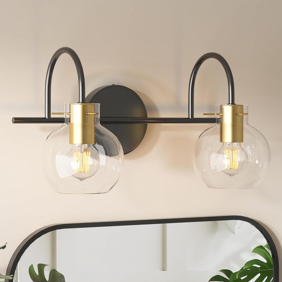 Modern Bathroom Vanity Light 2-Light Wall Sconce, Black & Gold Finish with Clear Glass Shades, Bathroom Light Fixtures Mirror Lighting for Kitchen, Bedroom, Hallway,  Easy Installation