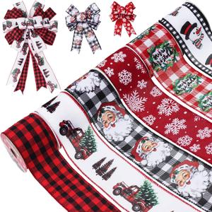 Vloso Christmas Ribbon Wired 2.5 Inch,6 Roll 30 Yards Christmas Wired Ribbon,Incl. Santa/Snowman/Snowflake/Buffalo Plaid Ribbon for Wreaths Bows Holiday Xmas Decor DIY Crafts