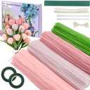 400 Pcs Pipe Cleaners Craft,4 Assorted Colors Pipe Cleaners Bulk, Chenille Stems for DIY Flower Making Kit with Floral Wires, Gardening Tape,Stamen& Ribbon (Pink)