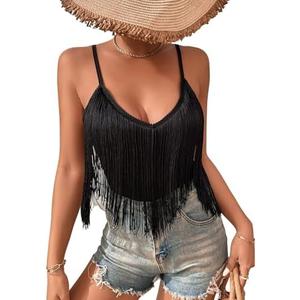 Womens Western Cowgirl Fringe Top - Country Concert Outfits Festival Tassel Hem Boho Rodeo Camisole Rave Tank Shirt Size M